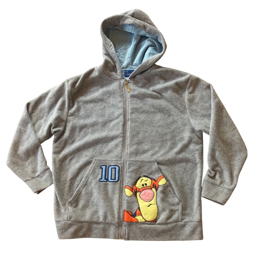 Y2K Disney Tigger‎ Zip Hoodie Gray Fleece Jacket Large 2000s Pooh Embroidered